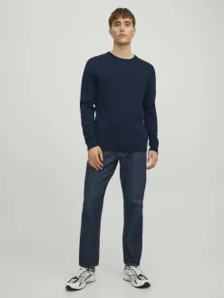 JACK & JONES Basic knit crew neck slim fit, heren pullover katoen met O-hals, blauw