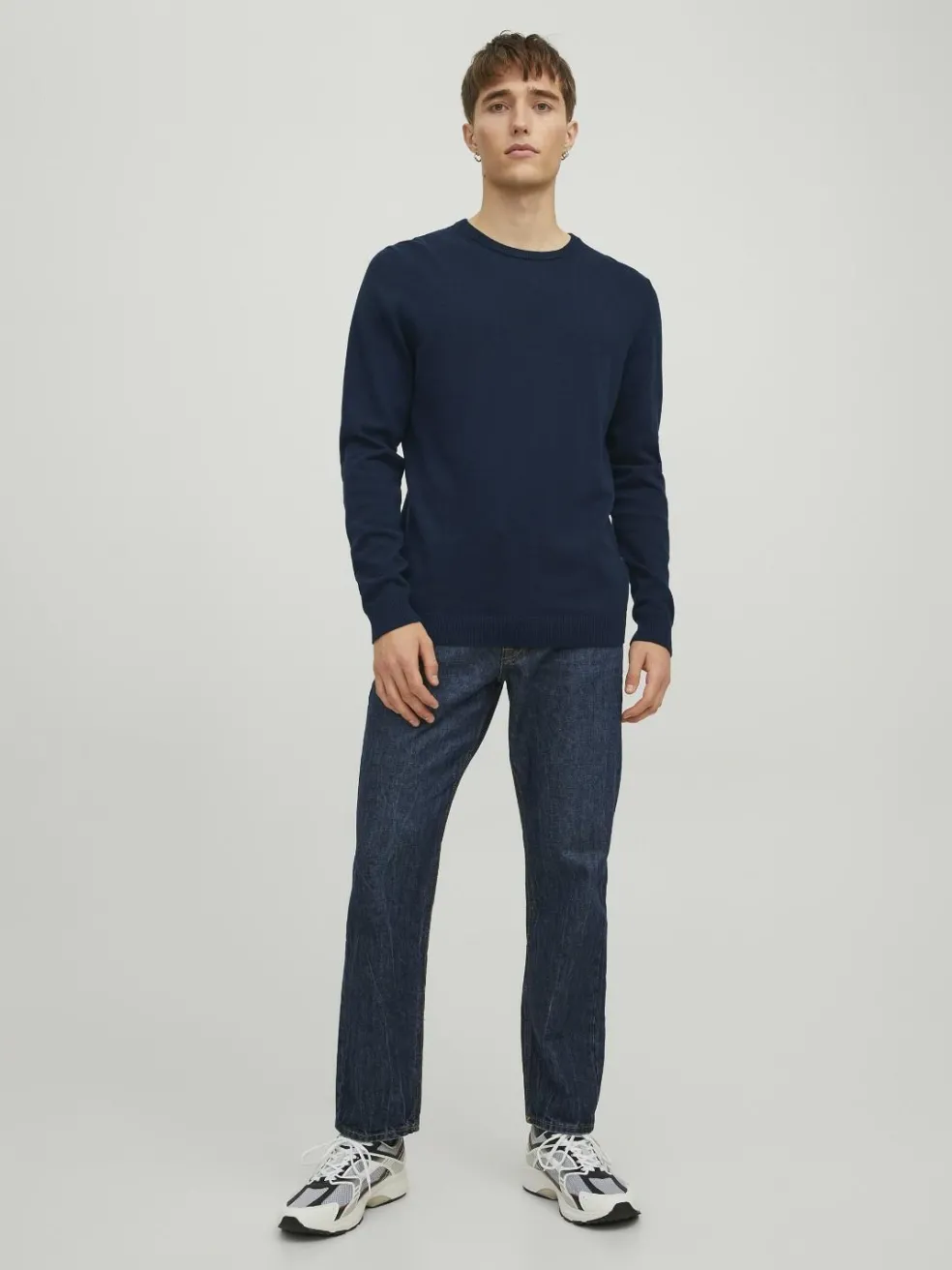 JACK & JONES Basic knit crew neck slim fit, heren pullover katoen met O-hals, blauw