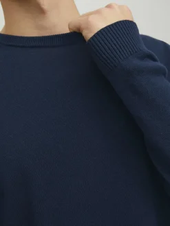 JACK & JONES Basic knit crew neck slim fit, heren pullover katoen met O-hals, blauw
