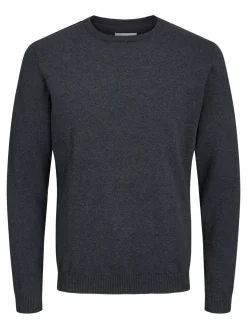 JACK & JONES Basic knit crew neck slim fit, heren pullover katoen met O-hals, donkergrijs melange