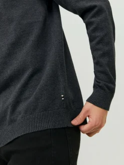 JACK & JONES Basic knit crew neck slim fit, heren pullover katoen met O-hals, donkergrijs melange