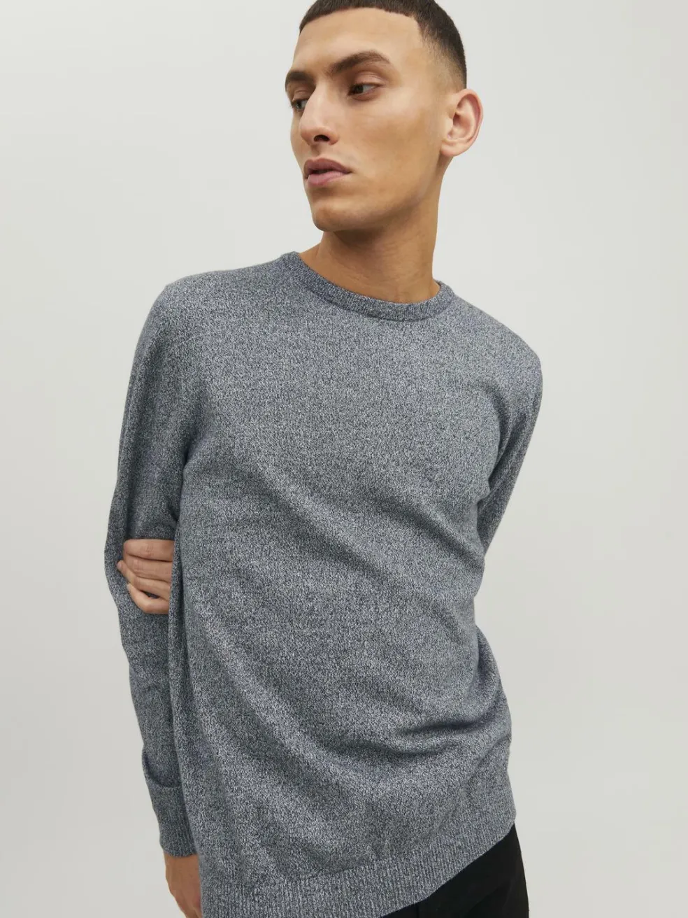 JACK & JONES Basic knit crew neck slim fit, heren pullover katoen met O-hals, blauw samen met offwhite