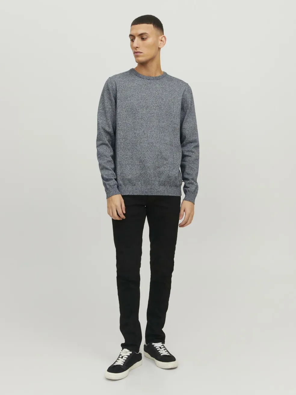 JACK & JONES Basic knit crew neck slim fit, heren pullover katoen met O-hals, blauw samen met offwhite