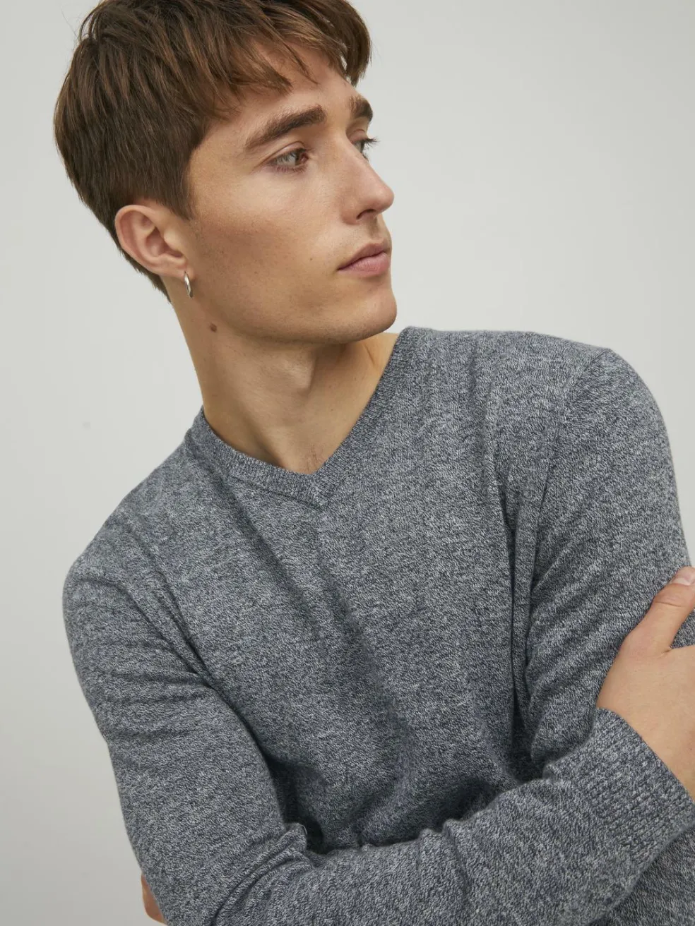 JACK & JONES Basic knit v-neck slim fit, heren pullover katoen met V-hals, blauw samen met offwhite