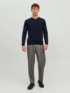 JACK & JONES Basic knit v-neck slim fit, heren pullover katoen met V-hals, blauw
