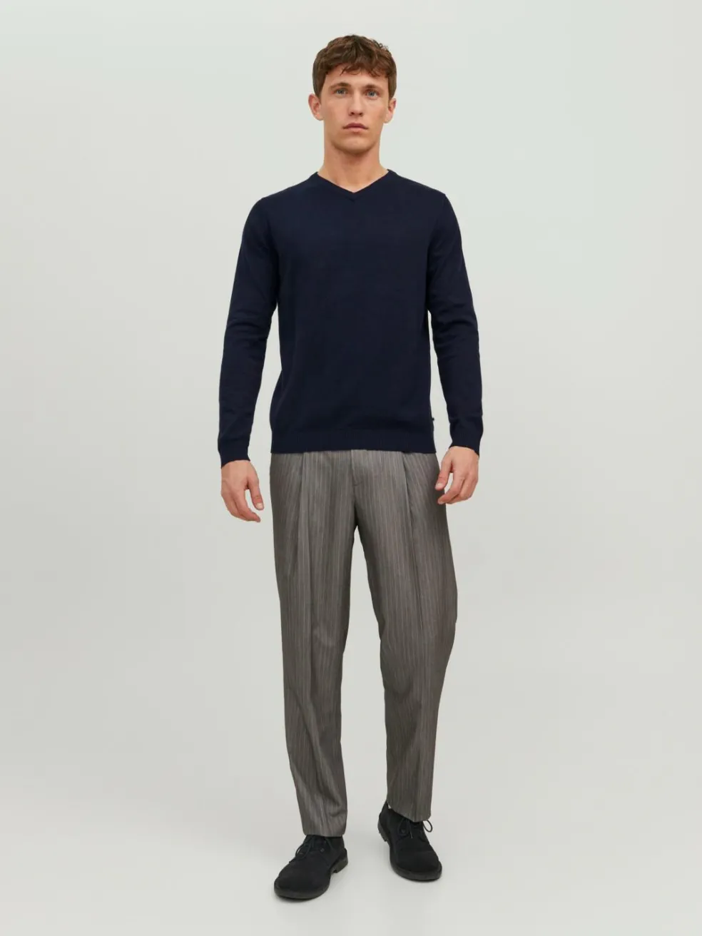 JACK & JONES Basic knit v-neck slim fit, heren pullover katoen met V-hals, blauw