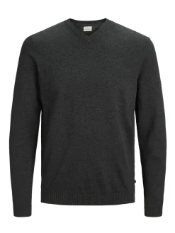 JACK & JONES Basic knit v-neck slim fit, heren pullover katoen met V-hals, donkergrijs melange