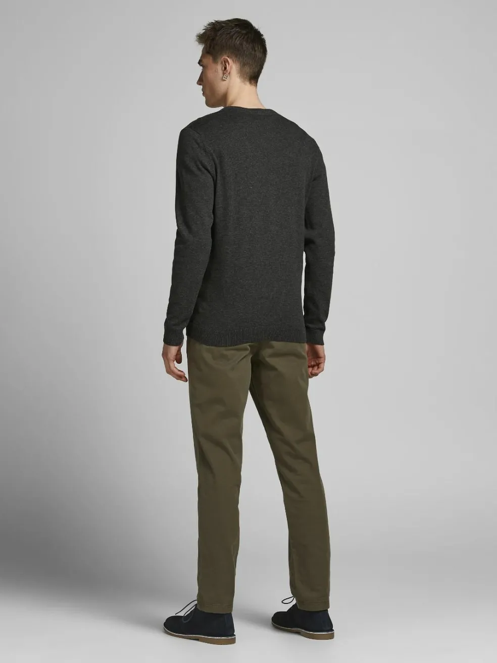 JACK & JONES Basic knit v-neck slim fit, heren pullover katoen met V-hals, donkergrijs melange