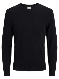 JACK & JONES Basic knit v-neck slim fit, heren pullover katoen met V-hals, zwart