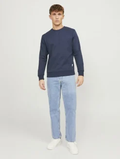 JACK & JONES Basic sweat crew neck regular fit, heren sweatshirt katoenmengsel met O-hals, blauw