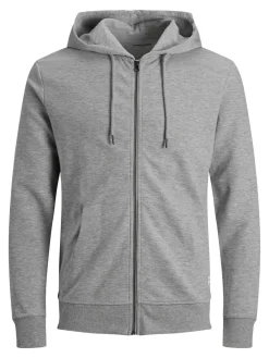JACK & JONES Basic sweat zip hood slim fit, heren sweatvest katoenmengsel met capuchon, lichtgrijs melange