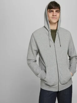 JACK & JONES Basic sweat zip hood slim fit, heren sweatvest katoenmengsel met capuchon, lichtgrijs melange