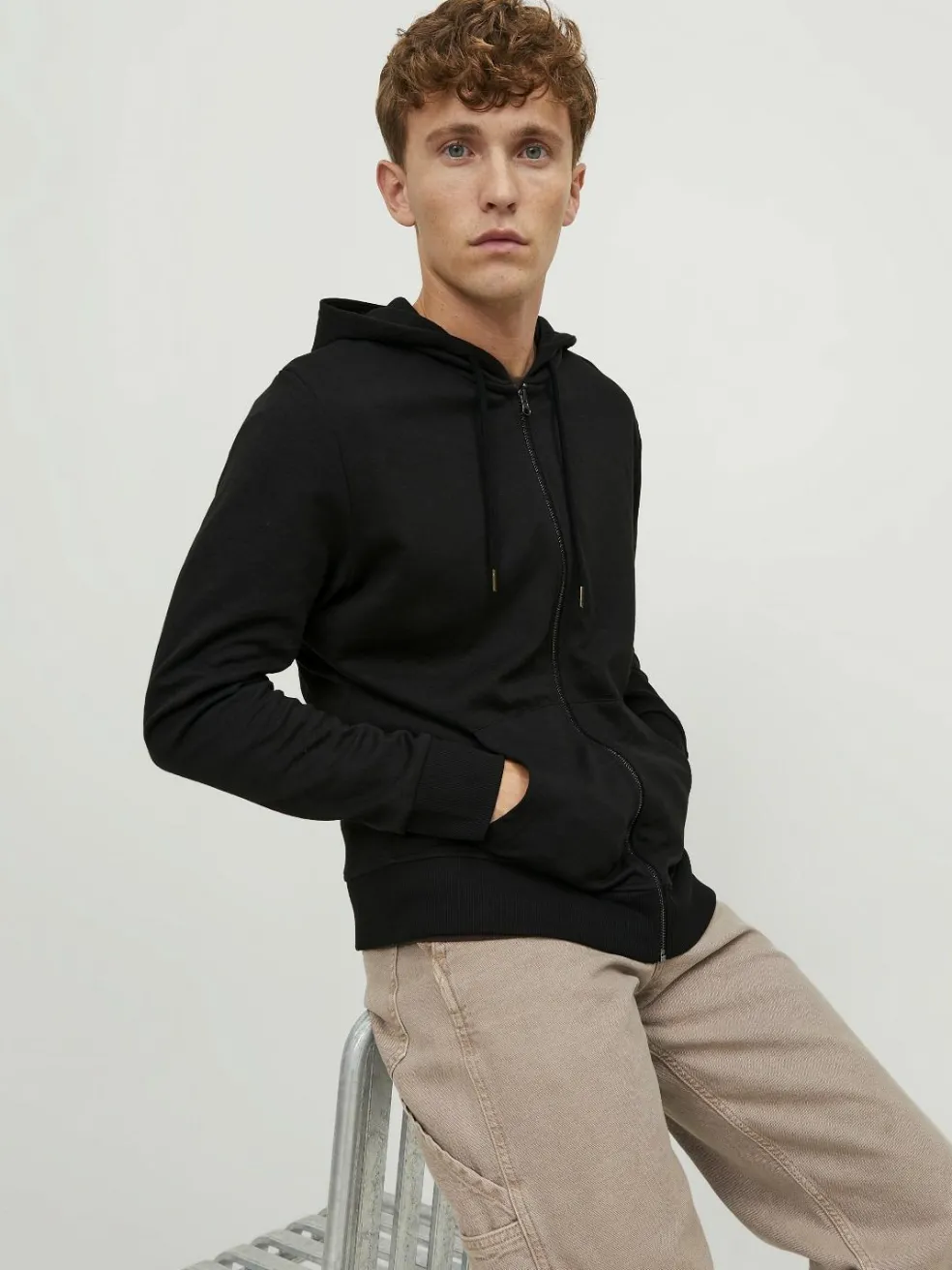 JACK & JONES Basic sweat zip hood slim fit, heren sweatvest katoenmengsel met capuchon, zwart