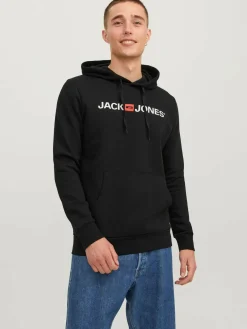 JACK & JONES Corp old logo sweat hood slim fit, heren hoodie katoenmengsel met capuchon, zwart