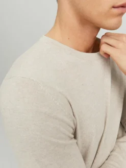 JACK & JONES Emil knit crew neck slim fit, heren pullover viscosemengsel met O-hals, beige melange