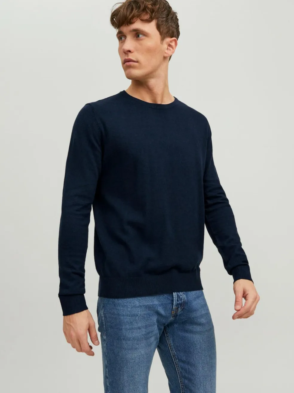 JACK & JONES Emil knit crew neck slim fit, heren pullover viscosemengsel met O-hals, blauw