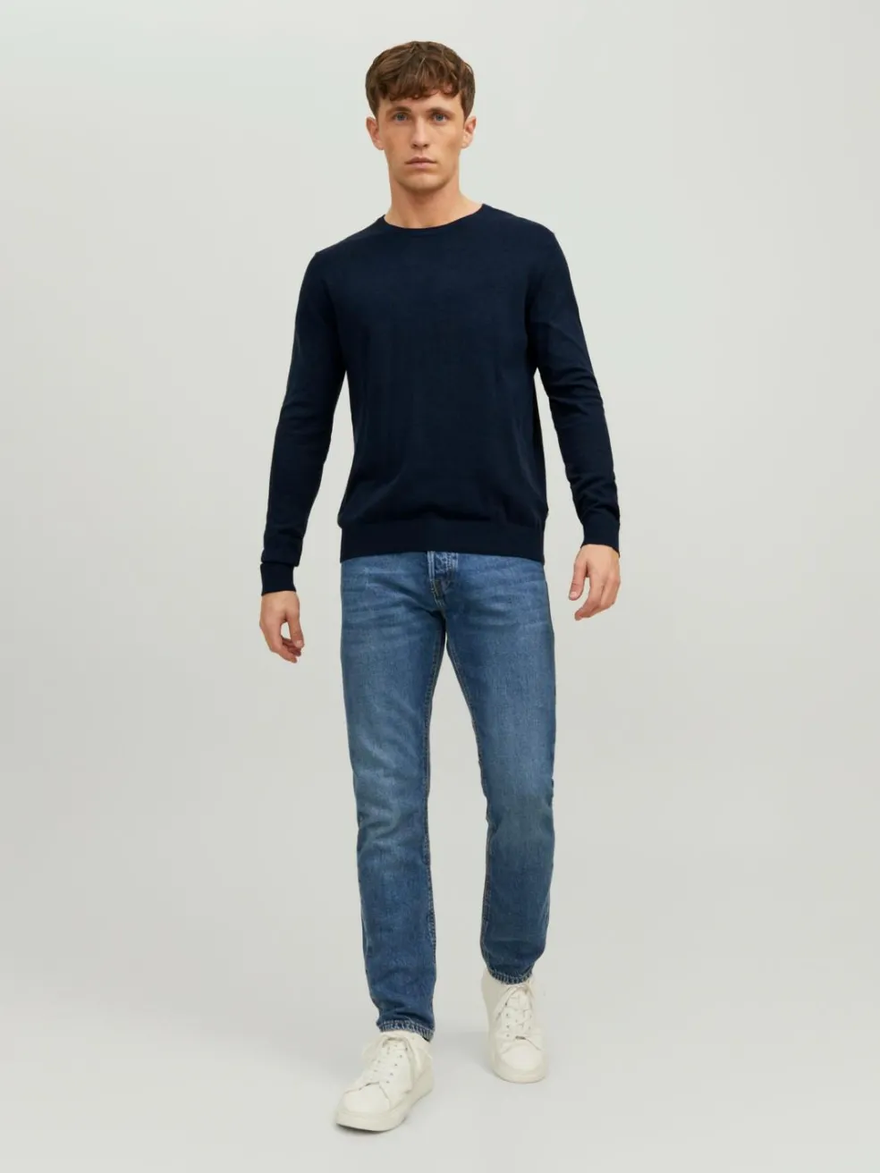 JACK & JONES Emil knit crew neck slim fit, heren pullover viscosemengsel met O-hals, blauw