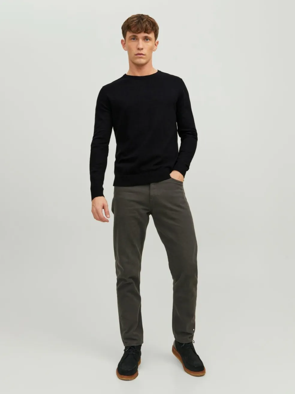 JACK & JONES Emil knit crew neck slim fit, heren pullover viscosemengsel met O-hals, zwart