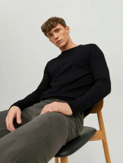 JACK & JONES Emil knit crew neck slim fit, heren pullover viscosemengsel met O-hals, zwart
