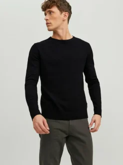 JACK & JONES Emil knit crew neck slim fit, heren pullover viscosemengsel met O-hals, zwart