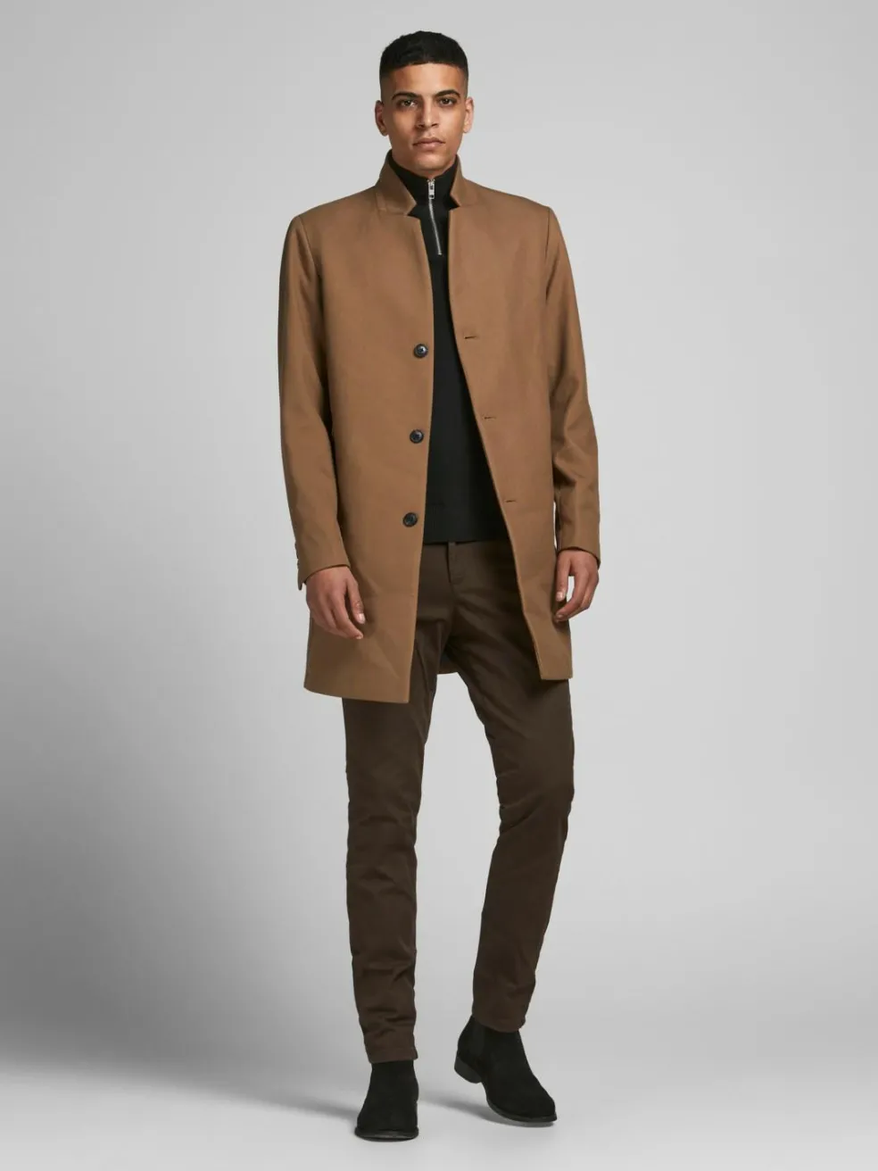 JACK & JONES Emil knit half zip slim fit, heren schipperstrui viscosemengsel met opstaande boord, zwart