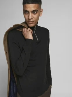 JACK & JONES Emil knit half zip slim fit, heren schipperstrui viscosemengsel met opstaande boord, zwart