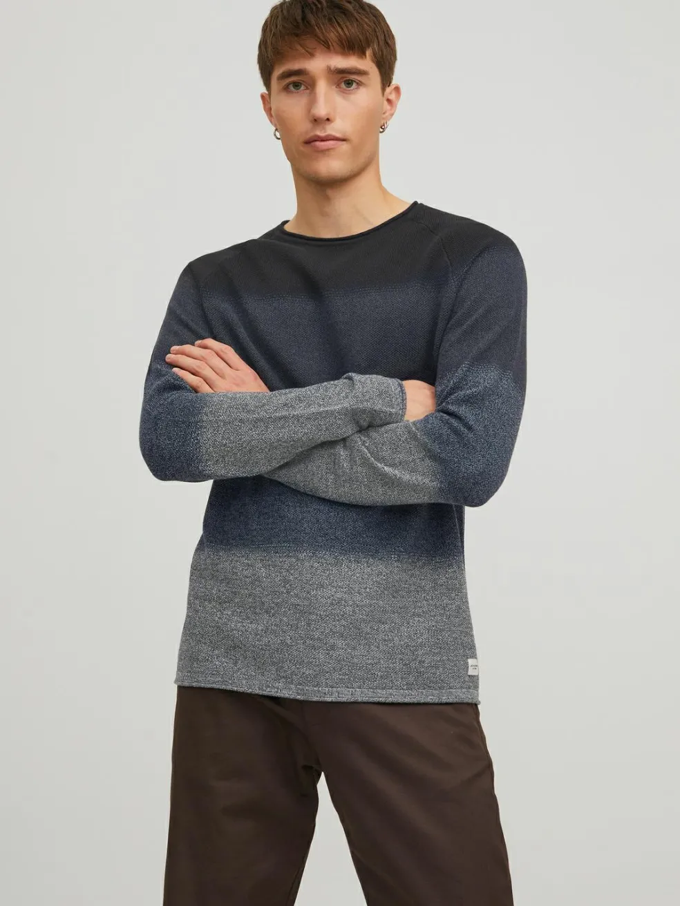 JACK & JONES Hill knit crew neck slim fit, heren pullover katoen met O-hals, blauw Gradient