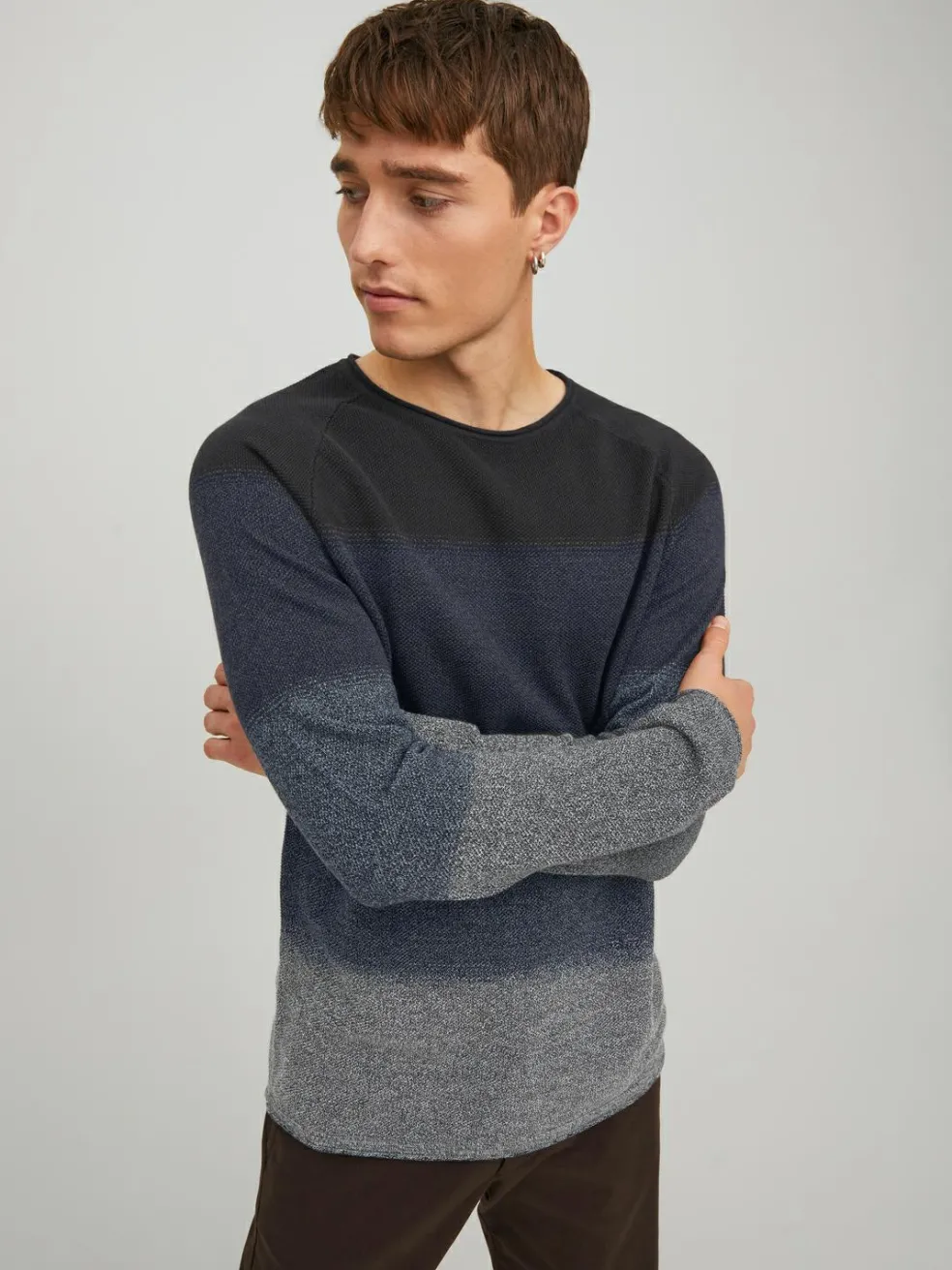 JACK & JONES Hill knit crew neck slim fit, heren pullover katoen met O-hals, blauw Gradient