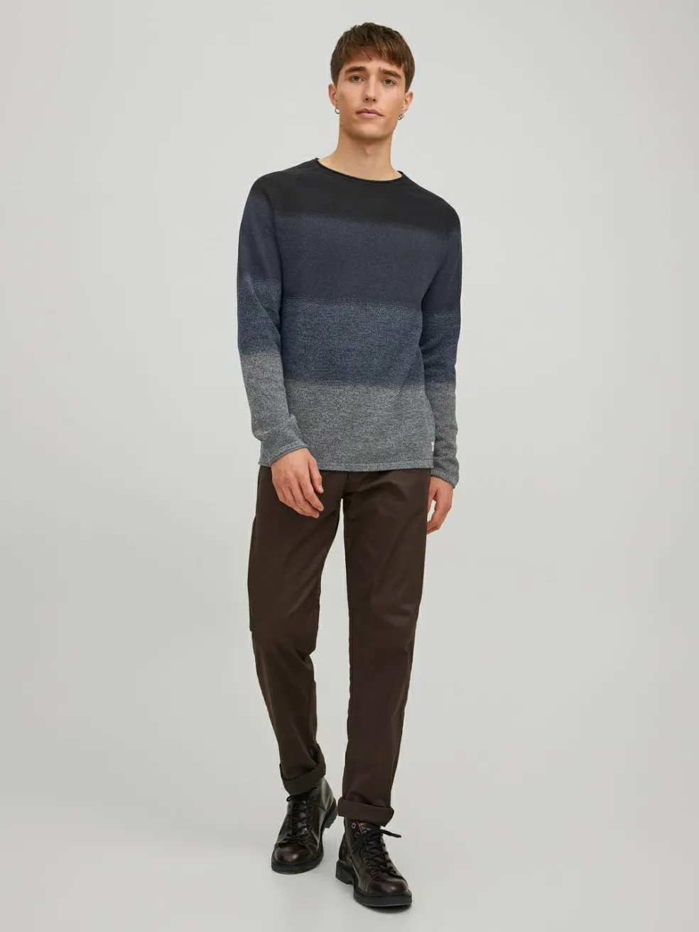 JACK & JONES Hill knit crew neck slim fit, heren pullover katoen met O-hals, blauw Gradient