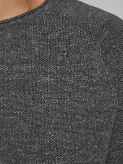 JACK & JONES Hill knit crew neck slim fit, heren pullover katoen met O-hals, donkergrijs melange