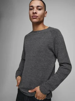 JACK & JONES Hill knit crew neck slim fit, heren pullover katoen met O-hals, donkergrijs melange