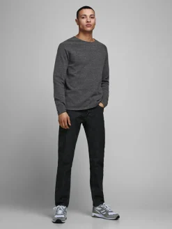 JACK & JONES Hill knit crew neck slim fit, heren pullover katoen met O-hals, donkergrijs melange