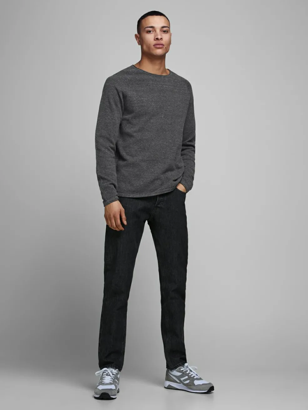JACK & JONES Hill knit crew neck slim fit, heren pullover katoen met O-hals, donkergrijs melange