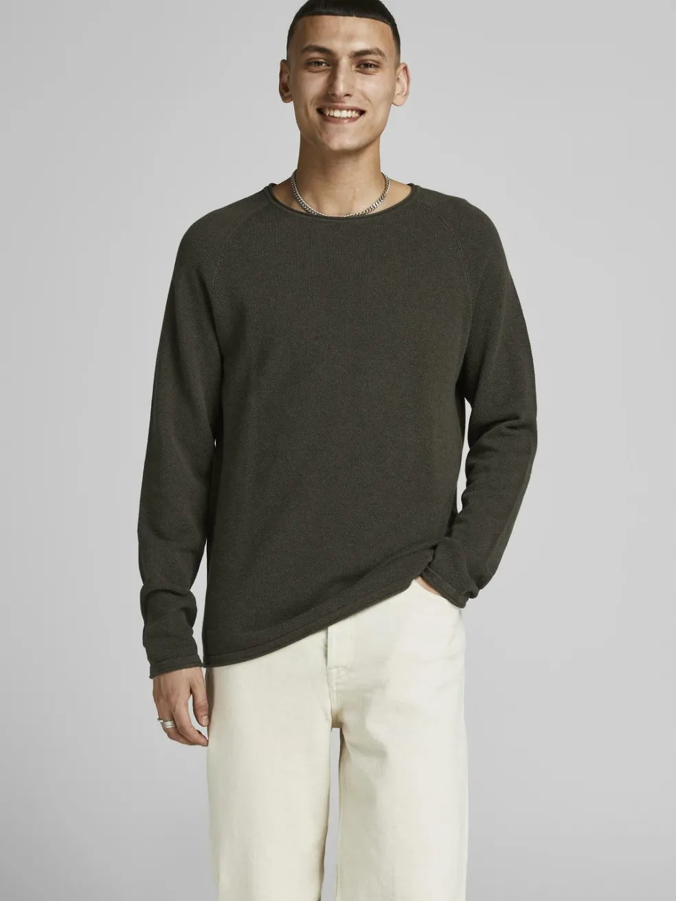 JACK & JONES Hill knit crew neck slim fit, heren pullover katoen met O-hals, groen melange