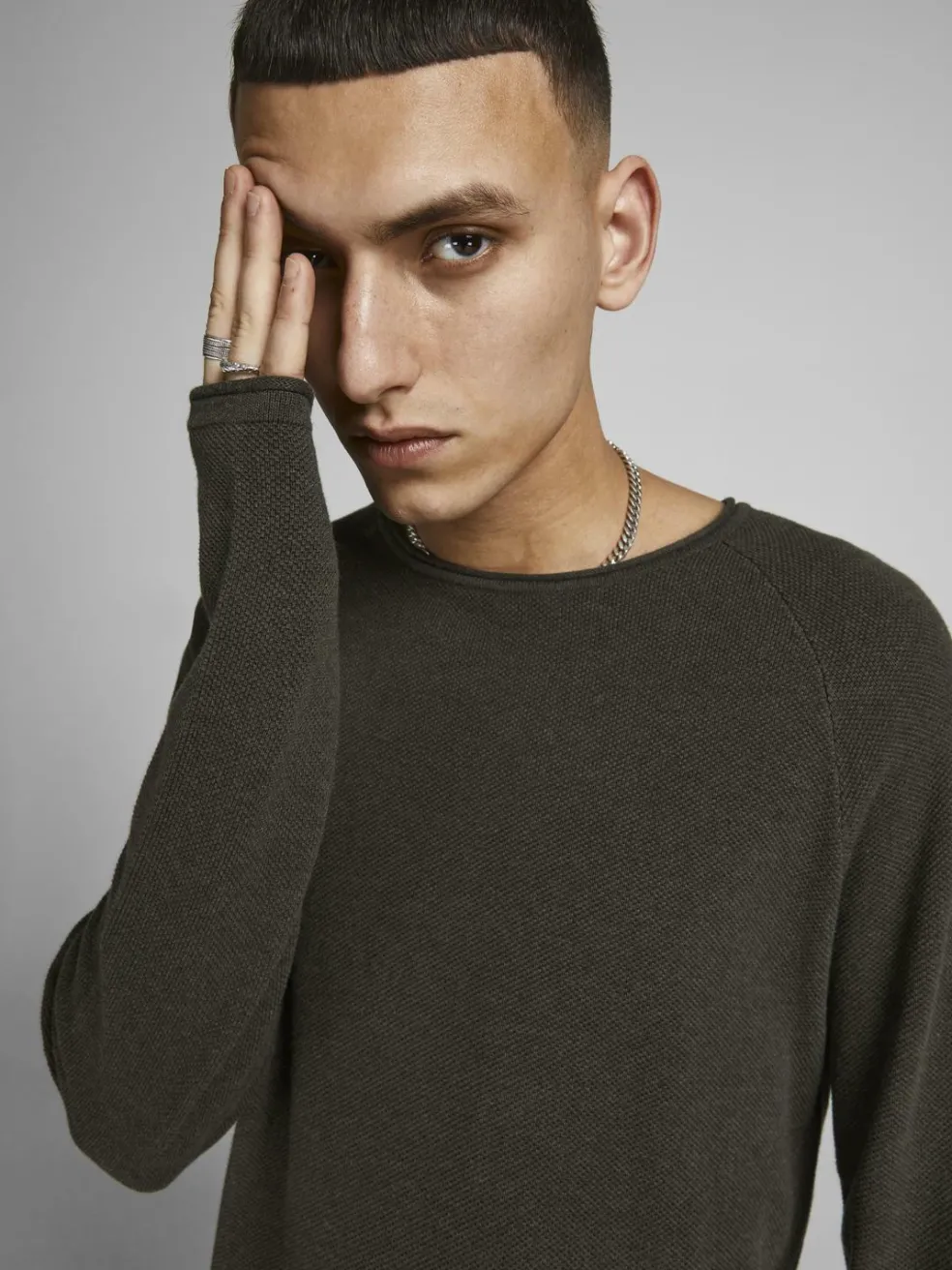 JACK & JONES Hill knit crew neck slim fit, heren pullover katoen met O-hals, groen melange