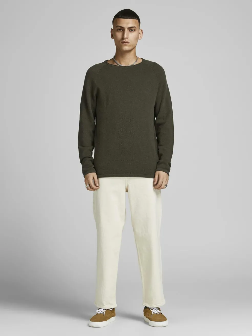 JACK & JONES Hill knit crew neck slim fit, heren pullover katoen met O-hals, groen melange