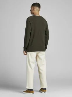 JACK & JONES Hill knit crew neck slim fit, heren pullover katoen met O-hals, groen melange
