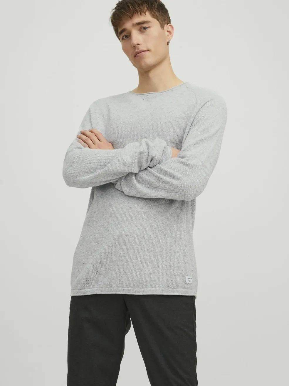JACK & JONES Hill knit crew neck slim fit, heren pullover katoen met O-hals, lichtgrijs melange