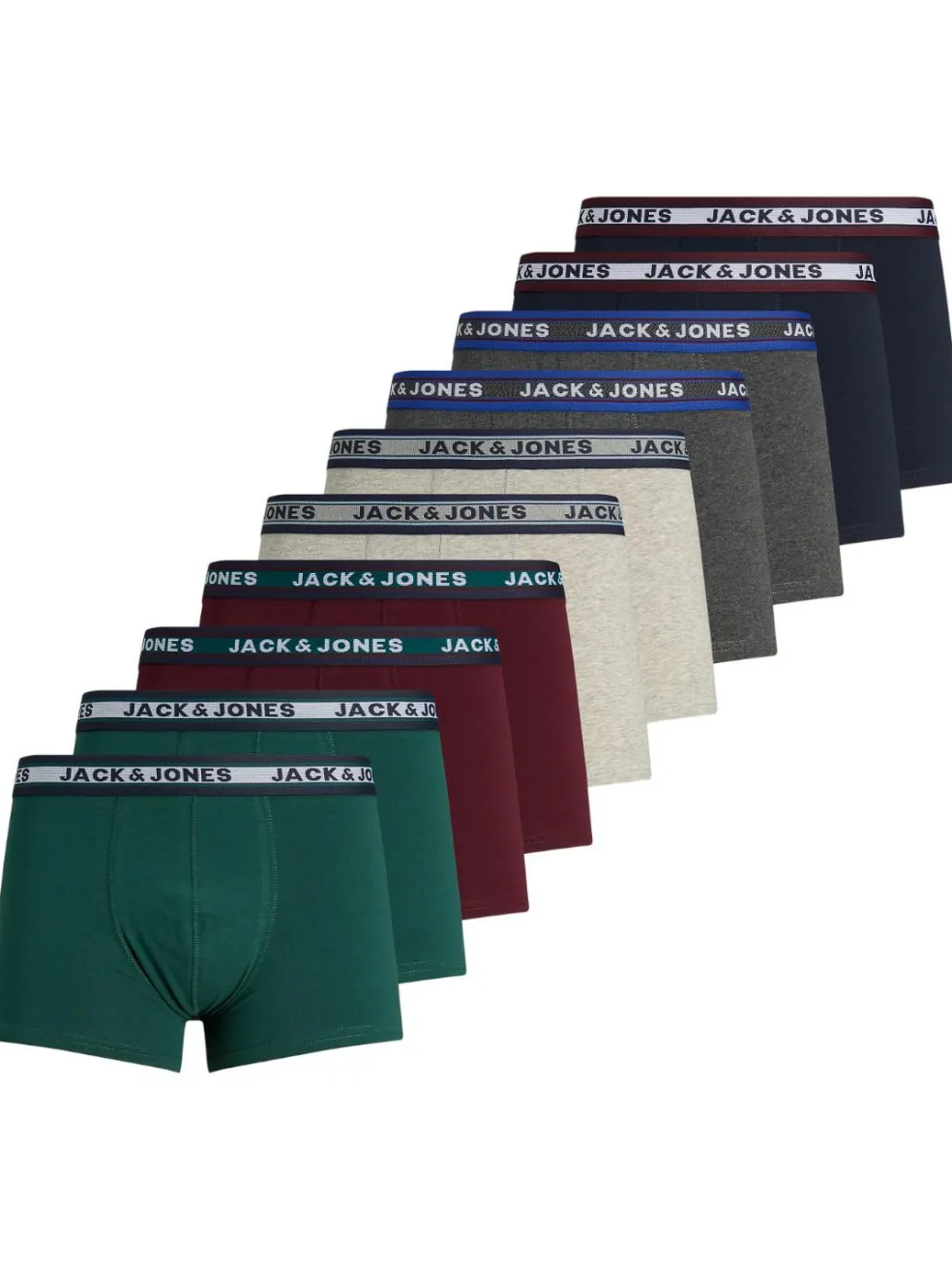 JACK & JONES Jacsolid trunks (10-pack), heren boxers normale lengte, zwart, groen, blauw, donkerrood en grijs