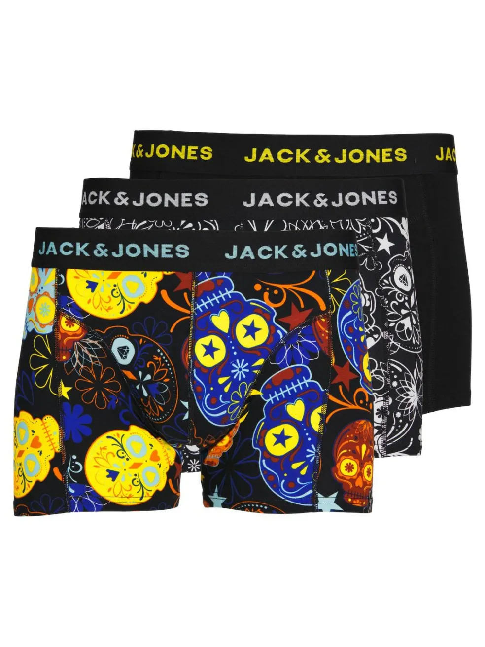 JACK & JONES Jacsugar skull trunks (3-pack), heren boxers normale lengte, zwart en geel