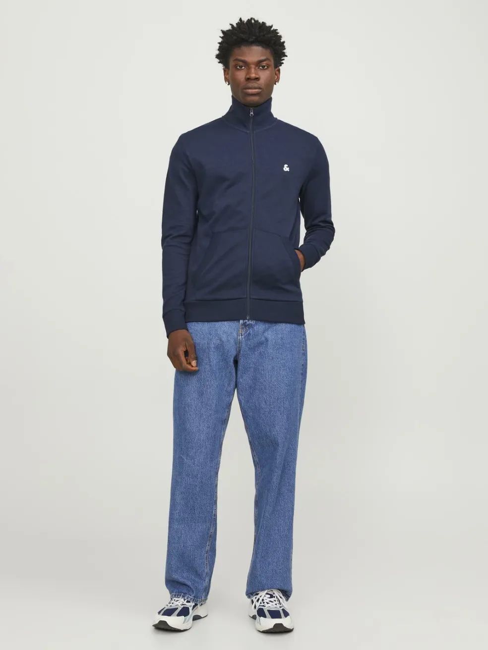 JACK & JONES Paulos sweat zip regular fit, heren sweatshirt katoenmengsel met opstaande boord, blauw