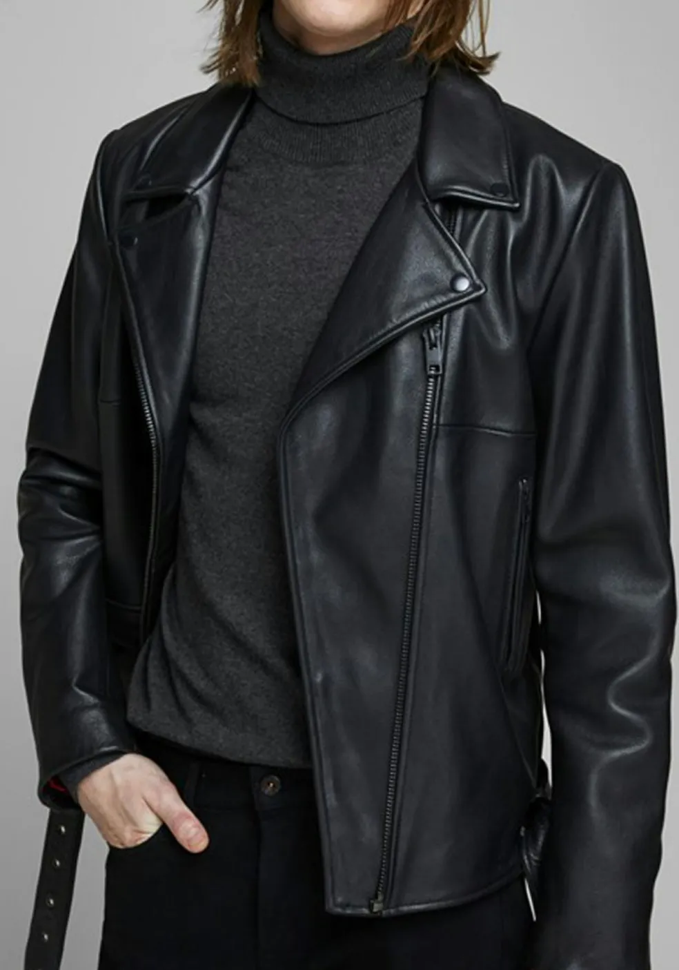 JACK & JONES slim fit coltrui katoen, antraciet grijs melange