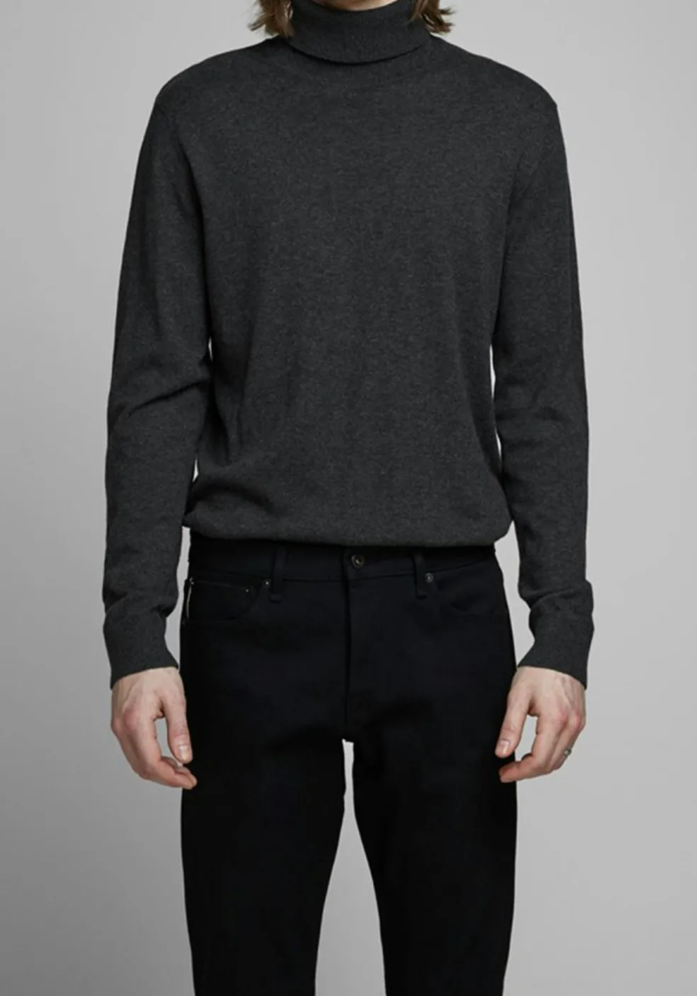 JACK & JONES slim fit coltrui katoen, antraciet grijs melange