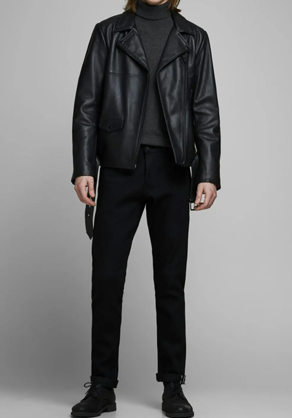 JACK & JONES slim fit coltrui katoen, antraciet grijs melange