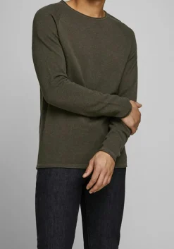 JACK & JONES slim fit trui katoen, O-hals, olijfgroen