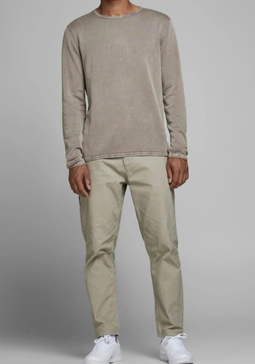 JACK & JONES slim fit trui katoen, O-hals, verwassen beige