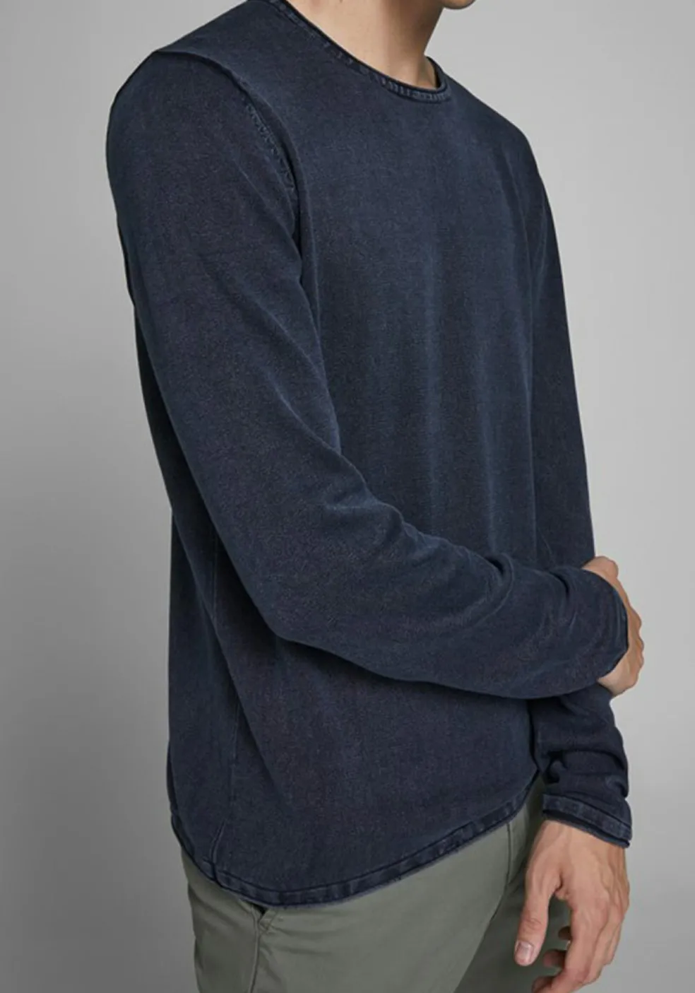 JACK & JONES slim fit trui katoen, O-hals, verwassen donkerblauw