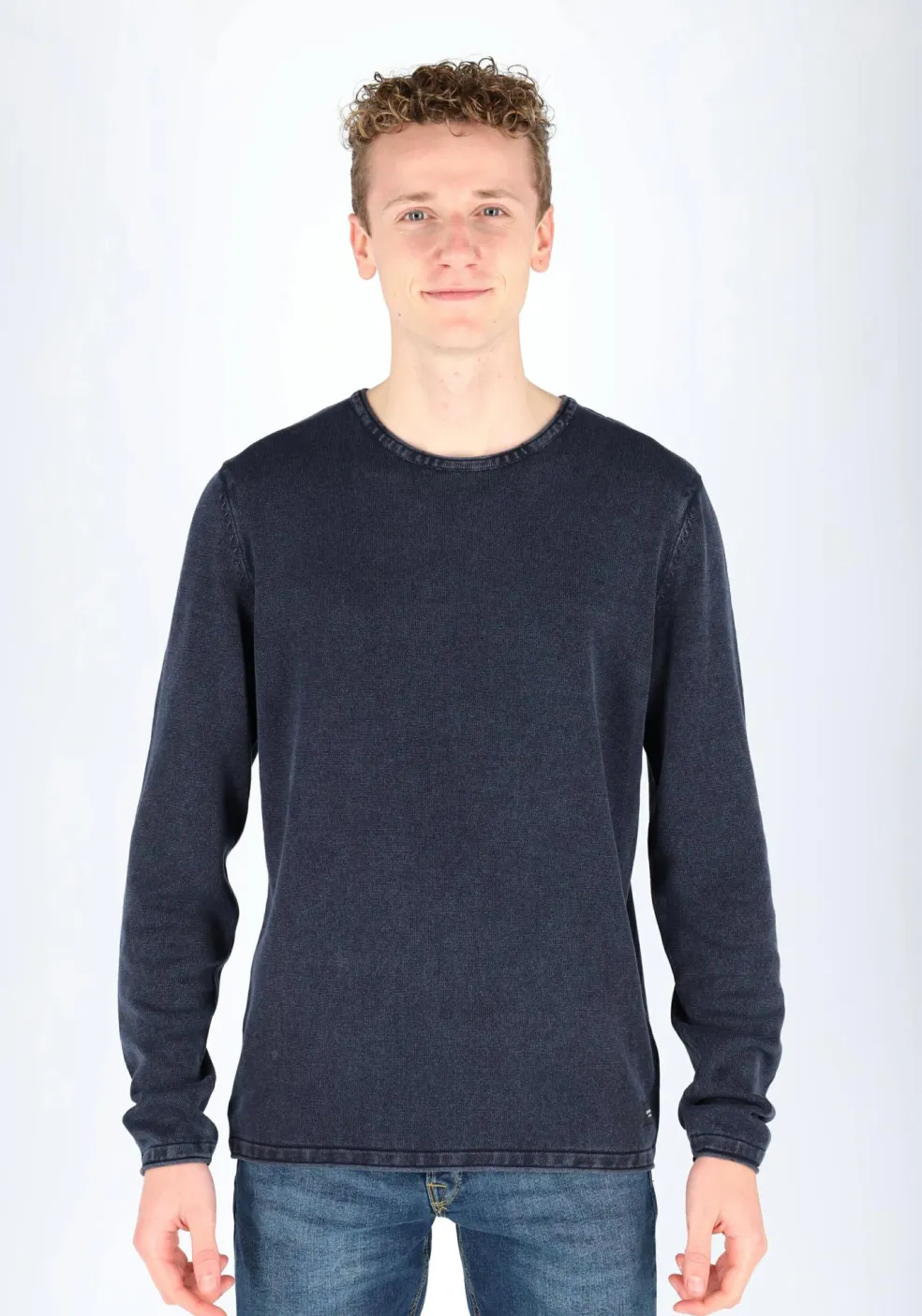 JACK & JONES slim fit trui katoen, O-hals, verwassen donkerblauw