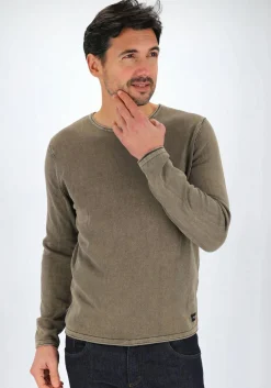 JACK & JONES slim fit trui katoen, O-hals, verwassen olijfgroen