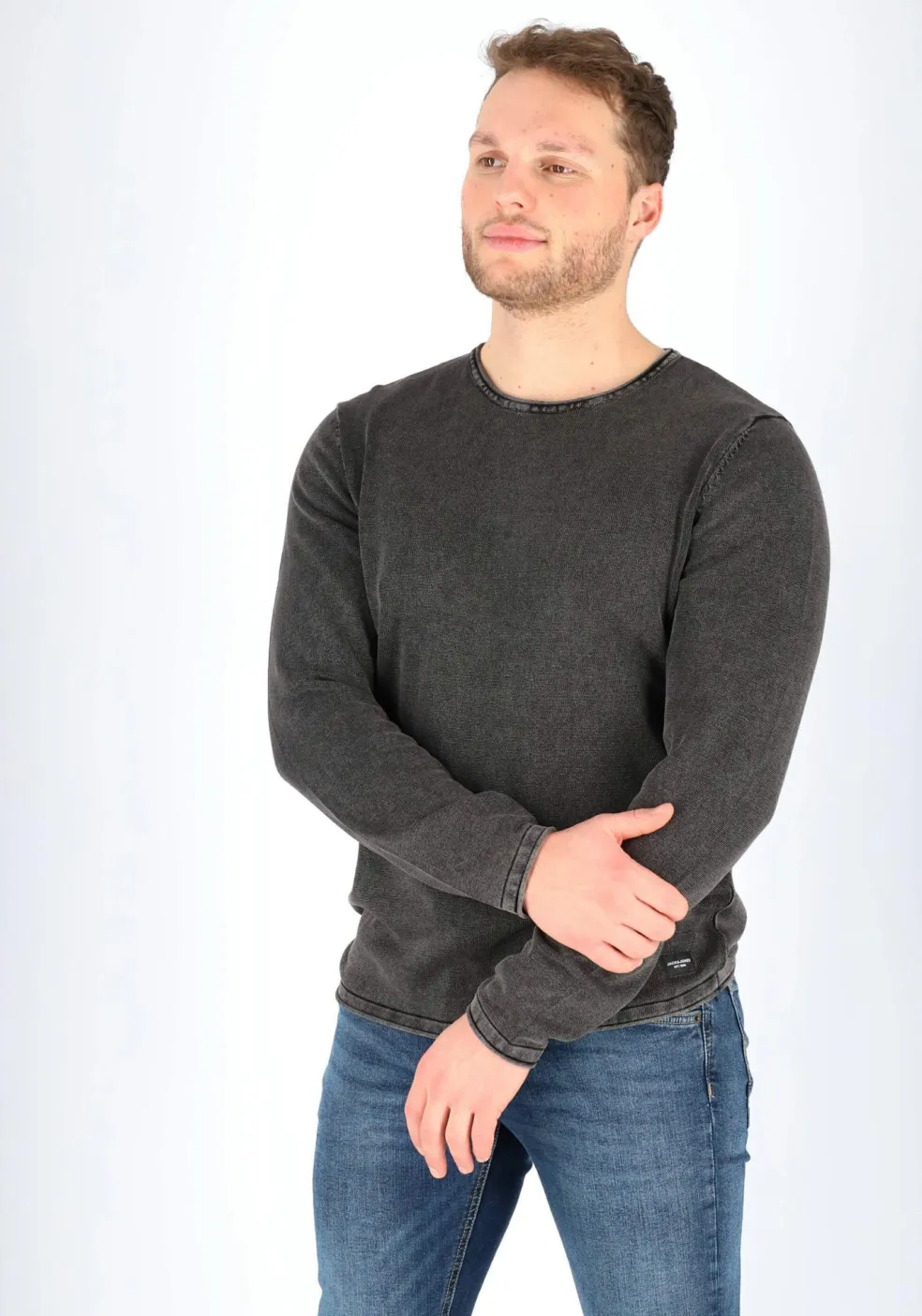 JACK & JONES slim fit trui katoen, O-hals, verwassen zwart